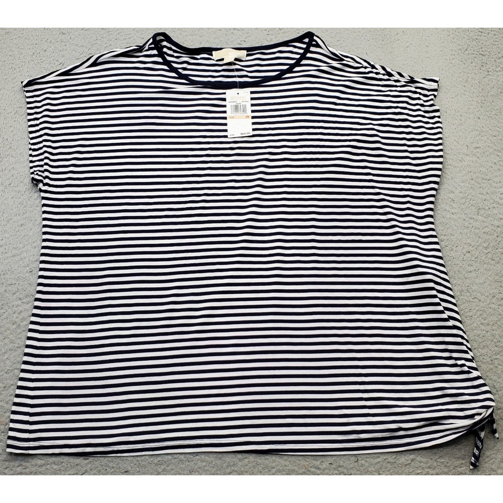 Michael Kors Blouse Top Womens 2X Multi Striped Cap Sleeve Round Neck Knot Side